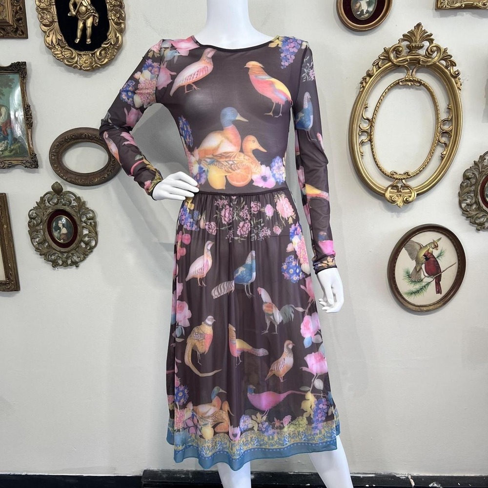 Desigual Women's S Brown Tropical Bird Mesh Long Sleeve Dress